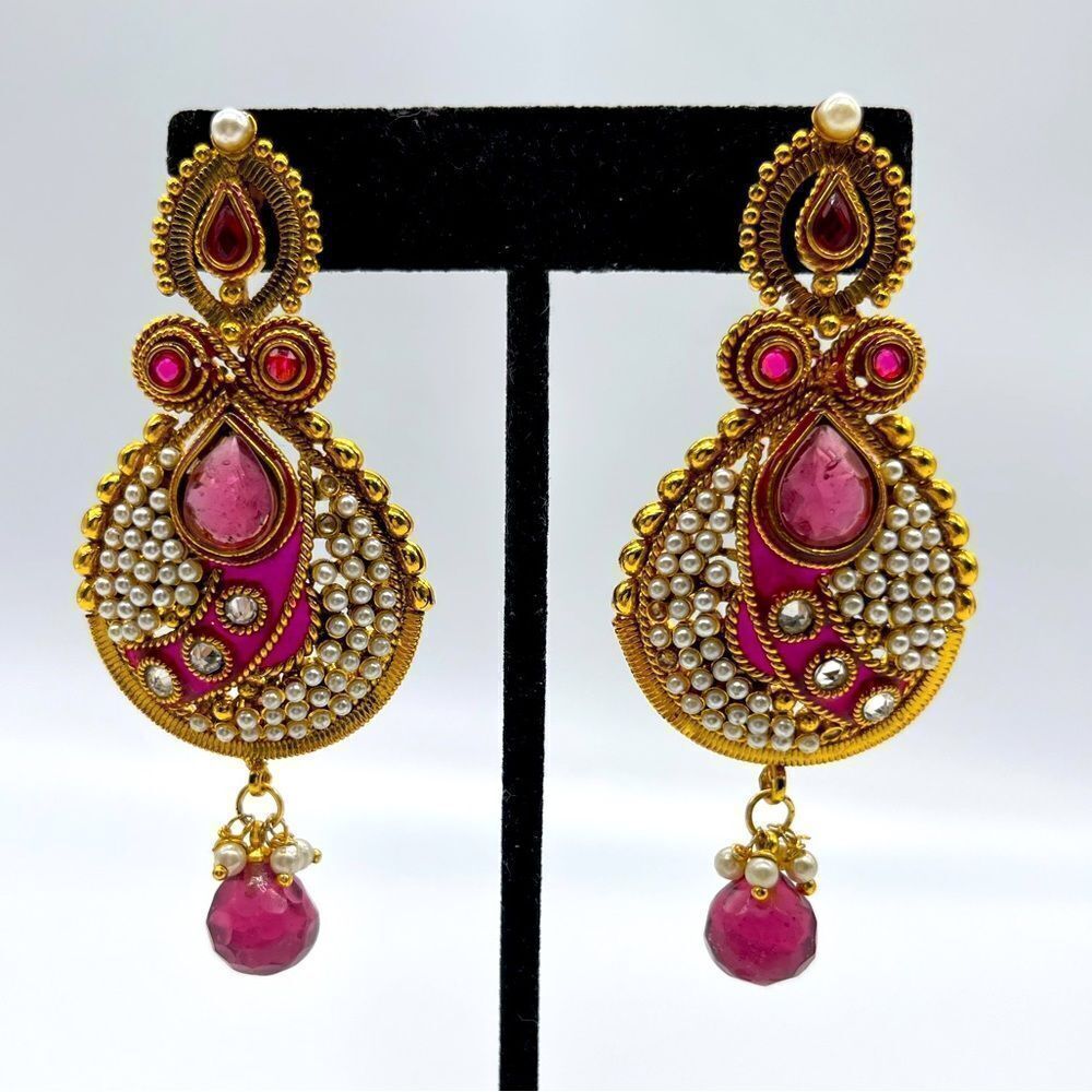 Statement Earrings with Pink Crystals on Gold tone